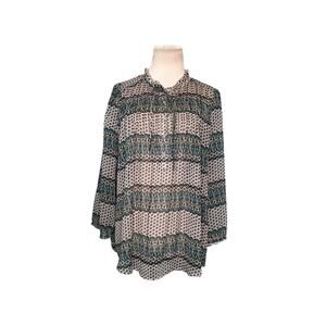 Imaginary Voyage beige blue paisley print vintage sheer Tunic Blouse size Large